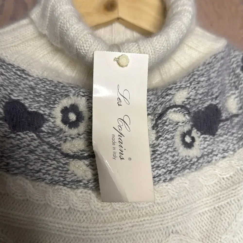 NWT Vintage Les Copains Turtleneck Black White Heart Flower Patterned Sweater